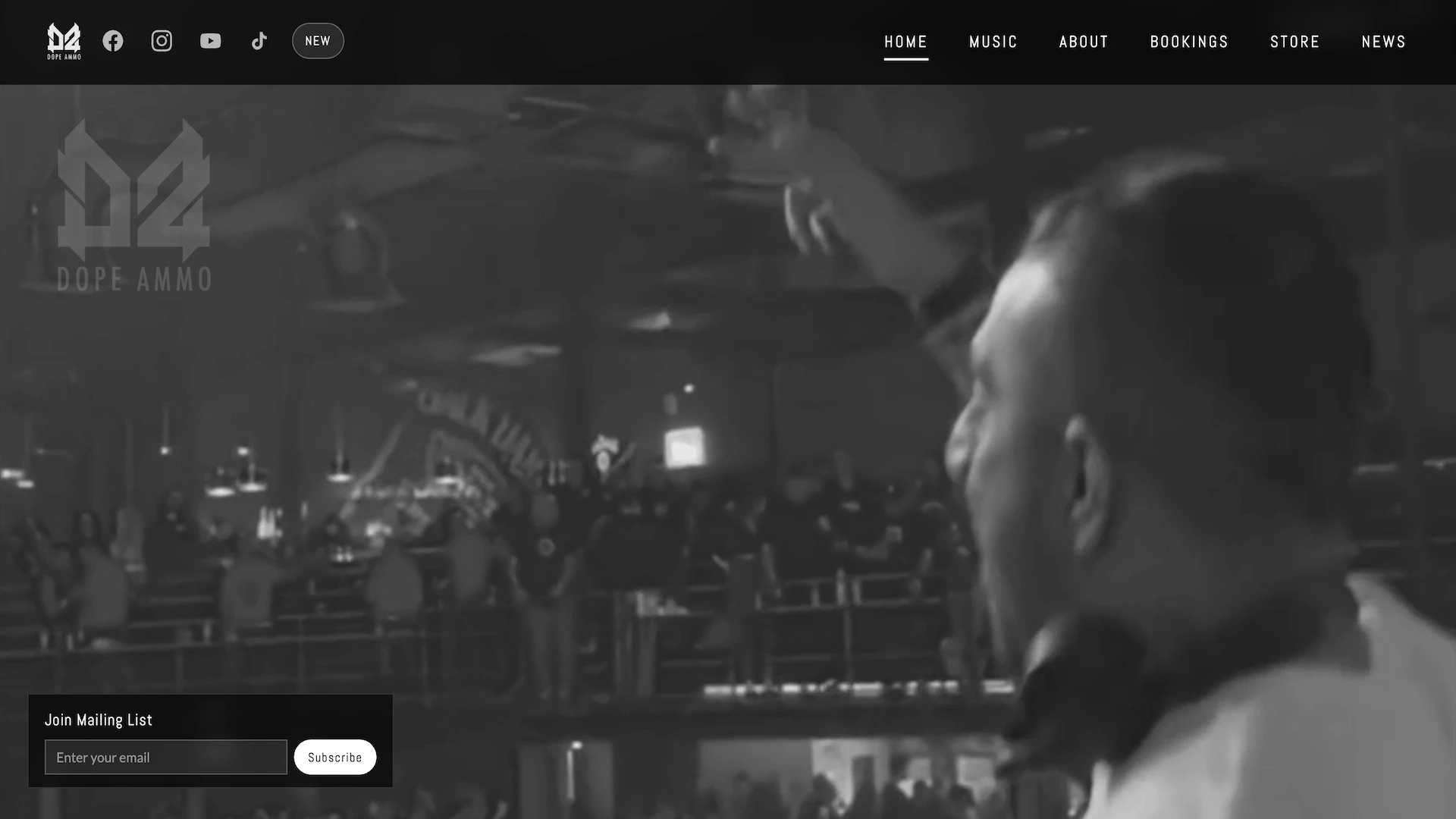 Dope Ammo record label website showcasing drum and bass releases and artist roster