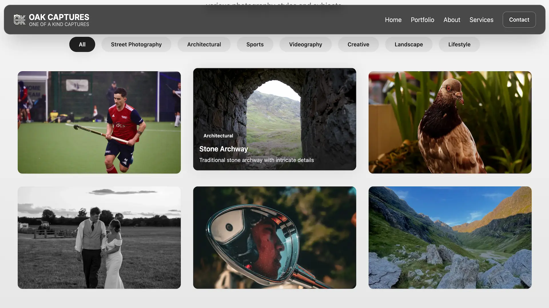 Oak Captures portfolio page showcasing photography work and galleries